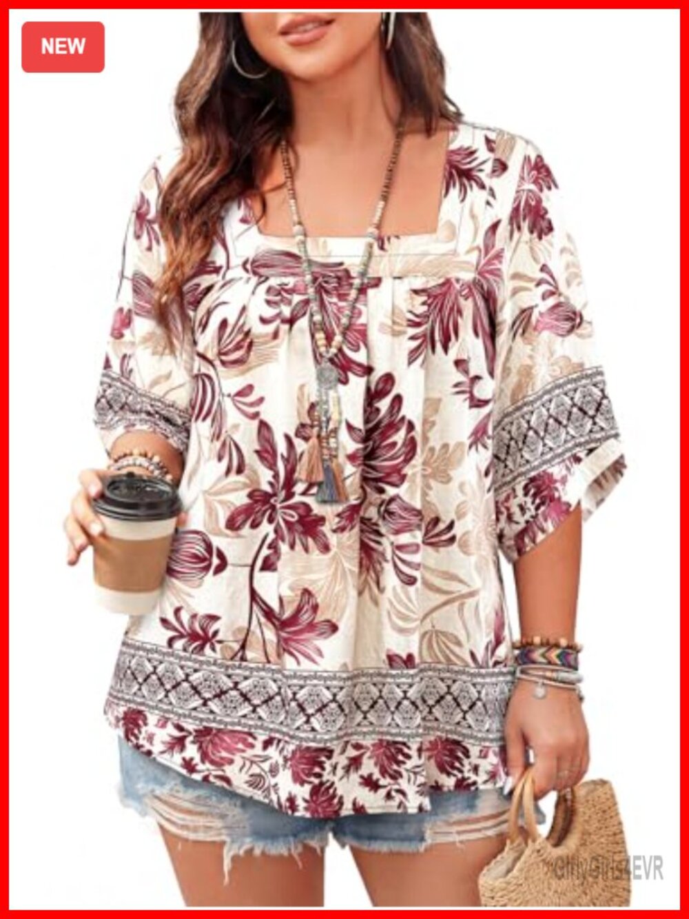 Women's Plus Size Boho Floral Tunic Top 3/4 Sleeve Square Neck Blouse